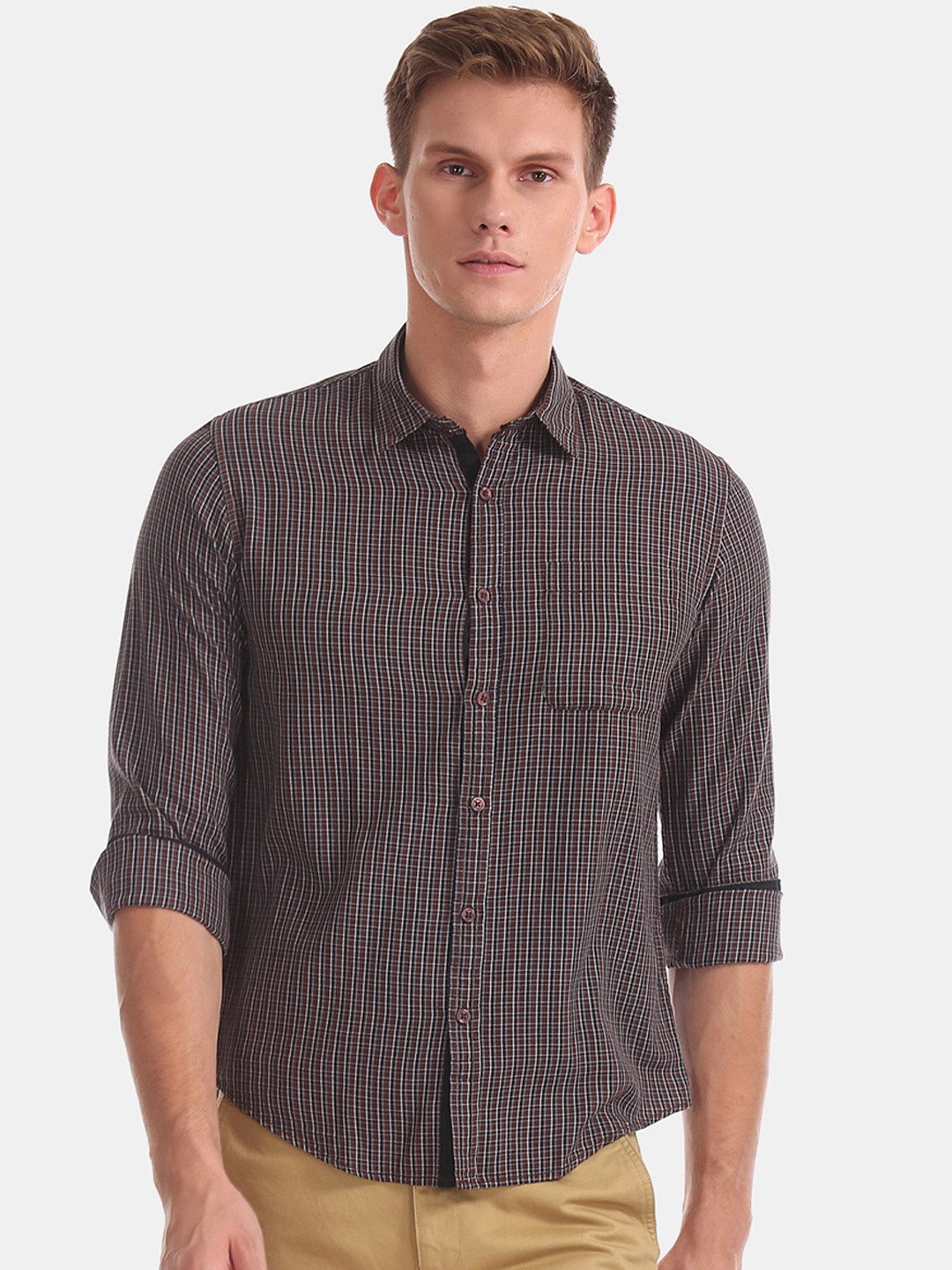 

Ruggers Men Brown Regular Fit Checked Contemporary Casual Shirt