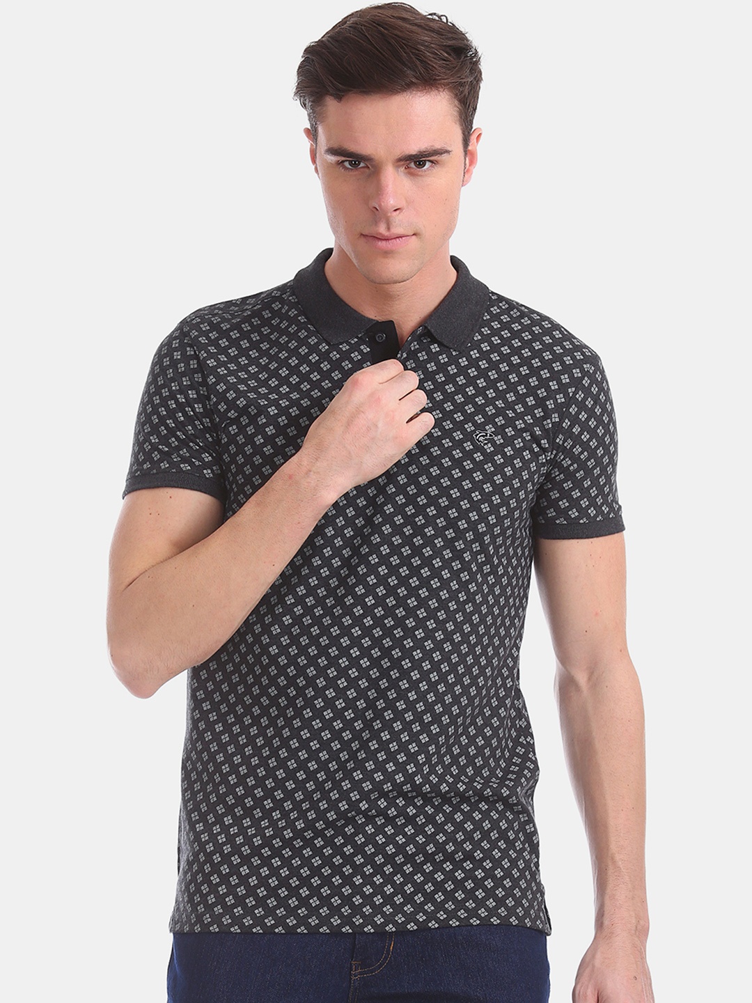 

Ruggers Men Charcoal Grey Printed Polo Collar T-shirt