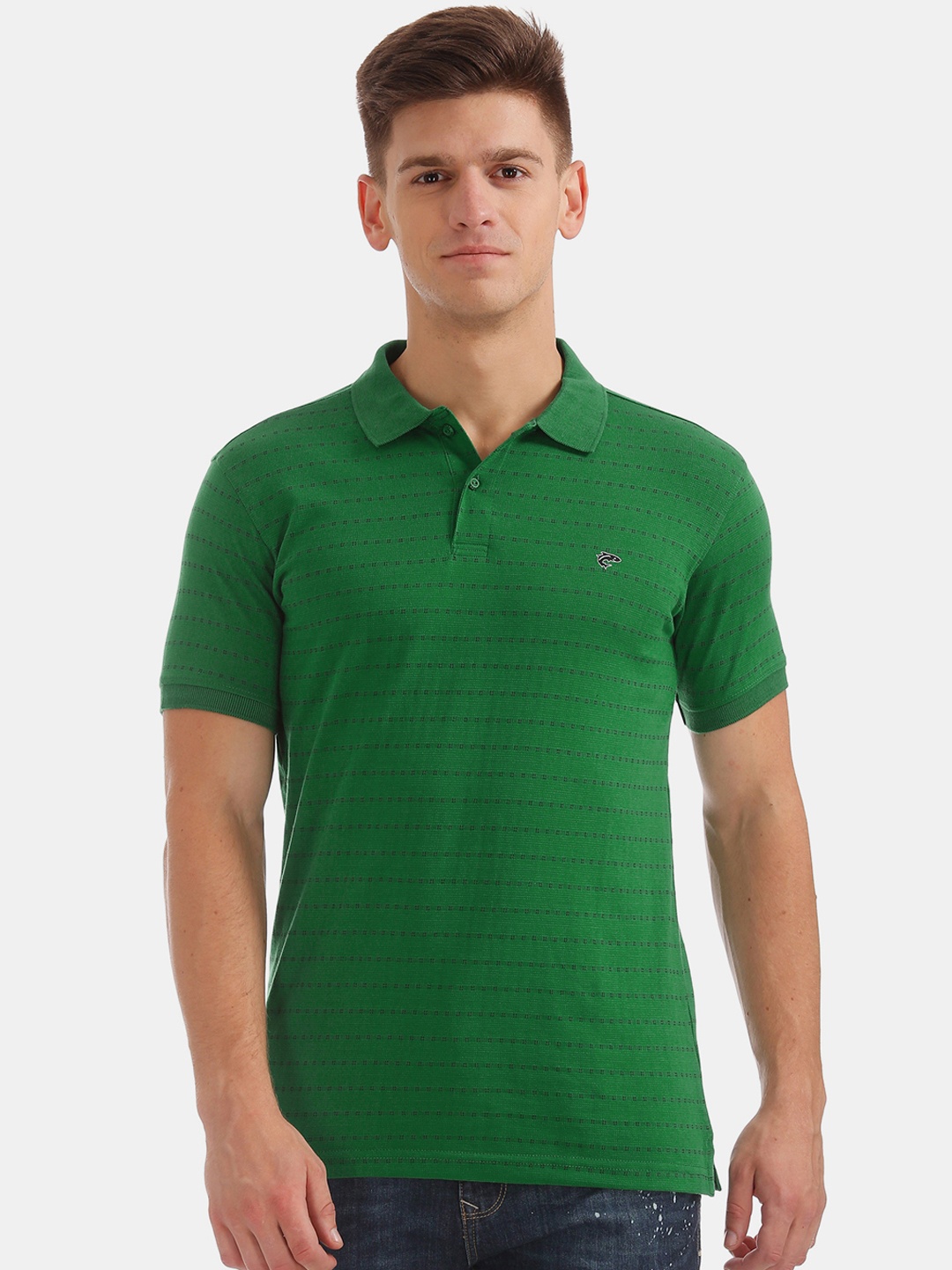 

Ruggers Men Green Striped Polo Collar T-shirt