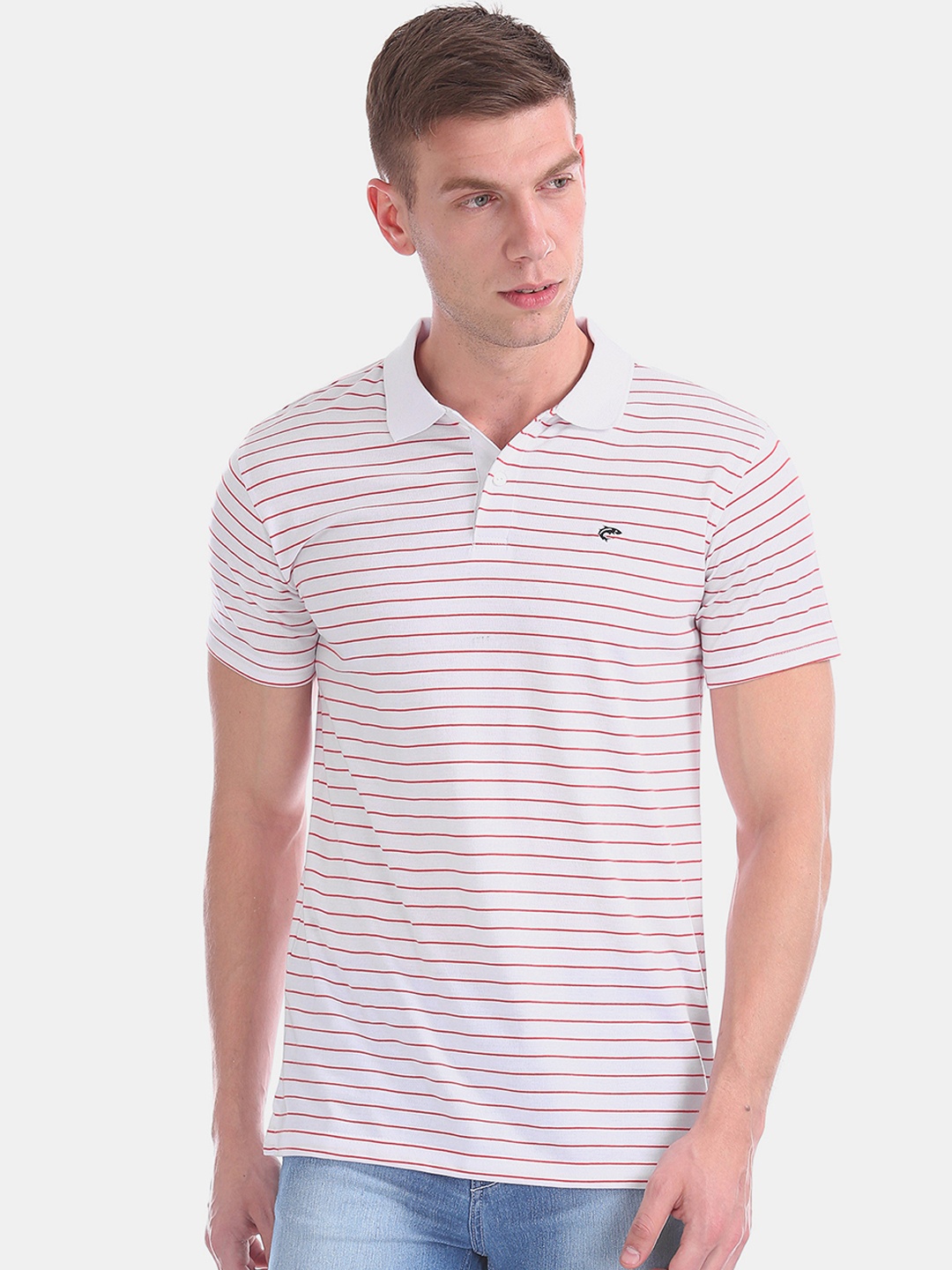 

Ruggers Men White Striped Polo Collar T-shirt