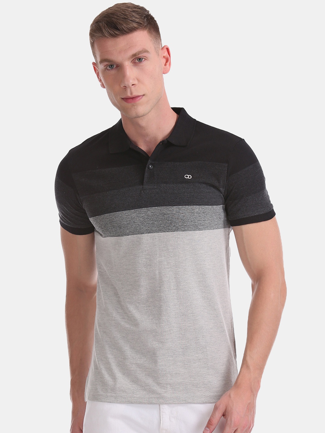 

Ruggers Men Grey & Black Striped Polo Collar T-shirt