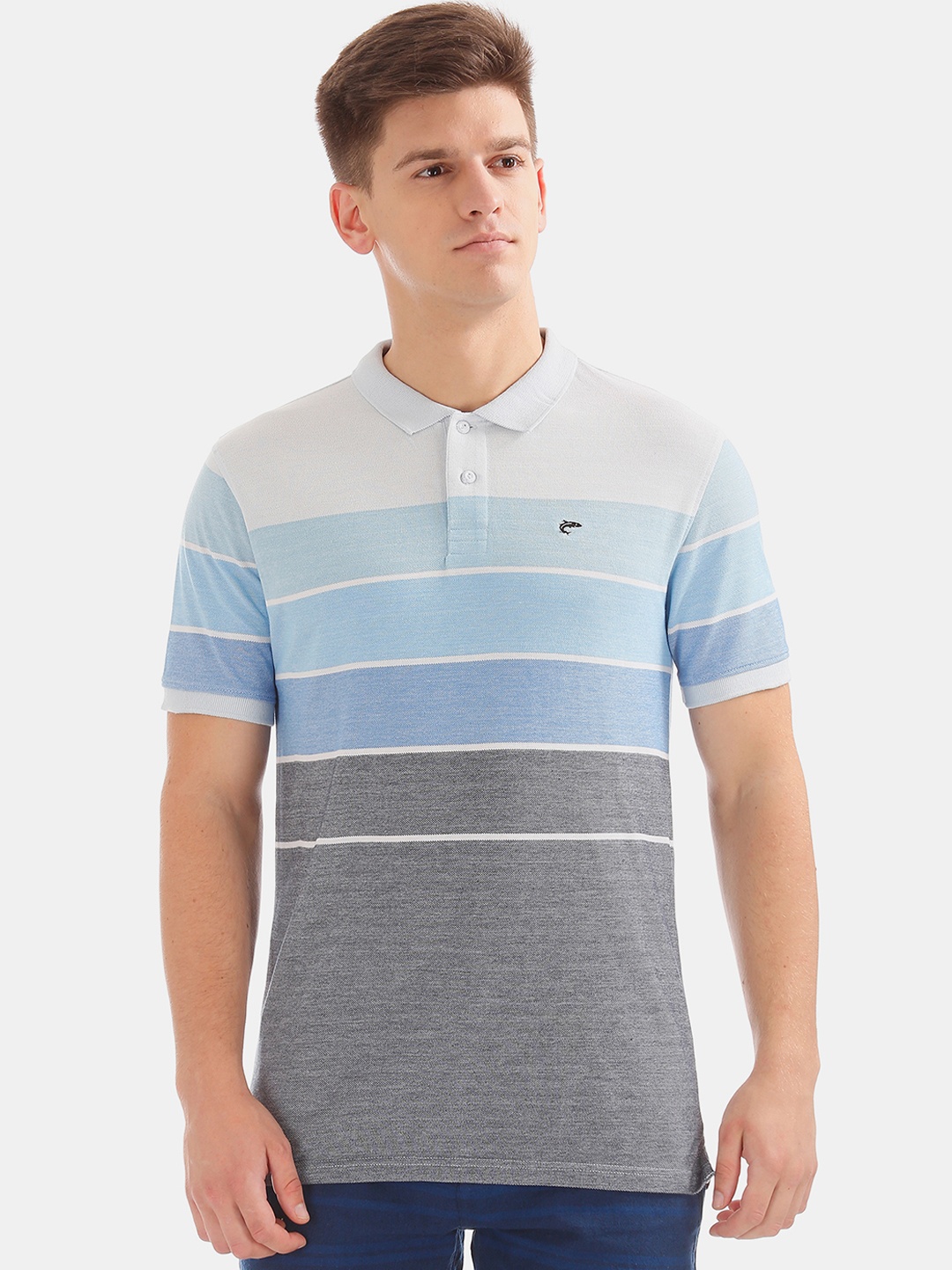 

Ruggers Men Blue & Grey Striped Polo Collar T-shirt