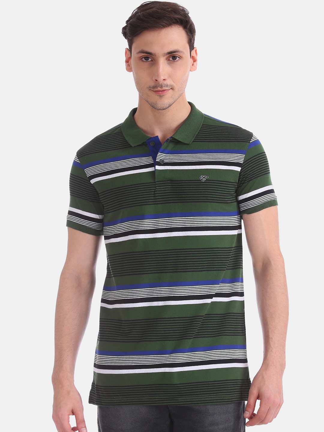 

Ruggers Men Green & White Striped Polo Collar T-shirt