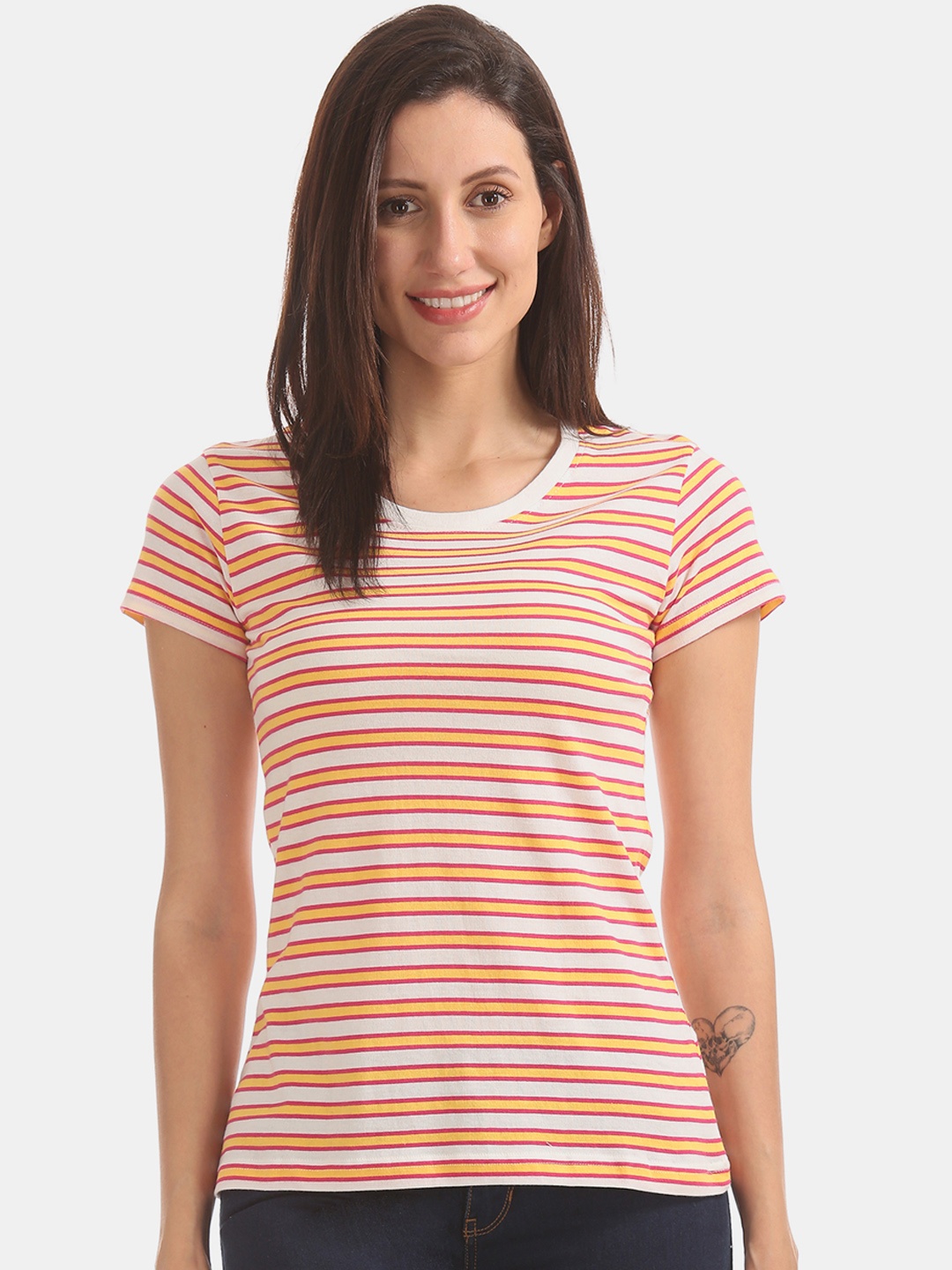 

Sugr Women White Striped Round Neck Pure Cotton T-shirt