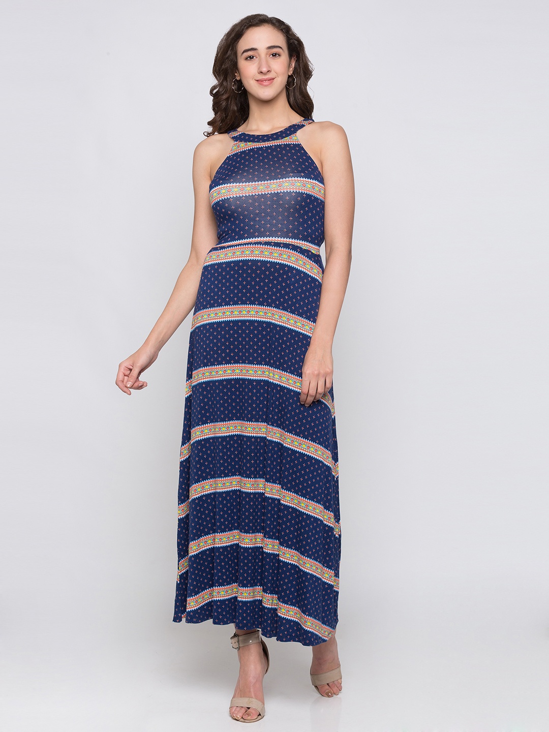 

Globus Women Navy Blue Striped Maxi Dress with Printed Detail All Over