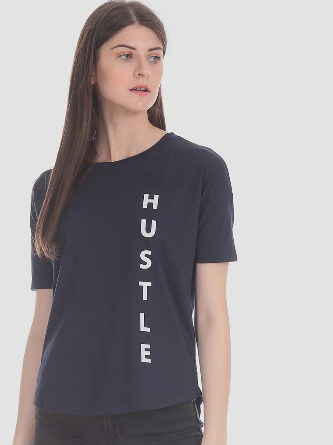 

Sugr Women Navy Blue Printed Round Neck Pure Cotton T-shirt