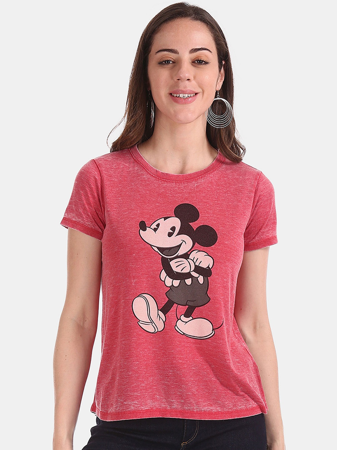 

Sugr Women Red Mickey Mouse Print Round Neck T-shirt