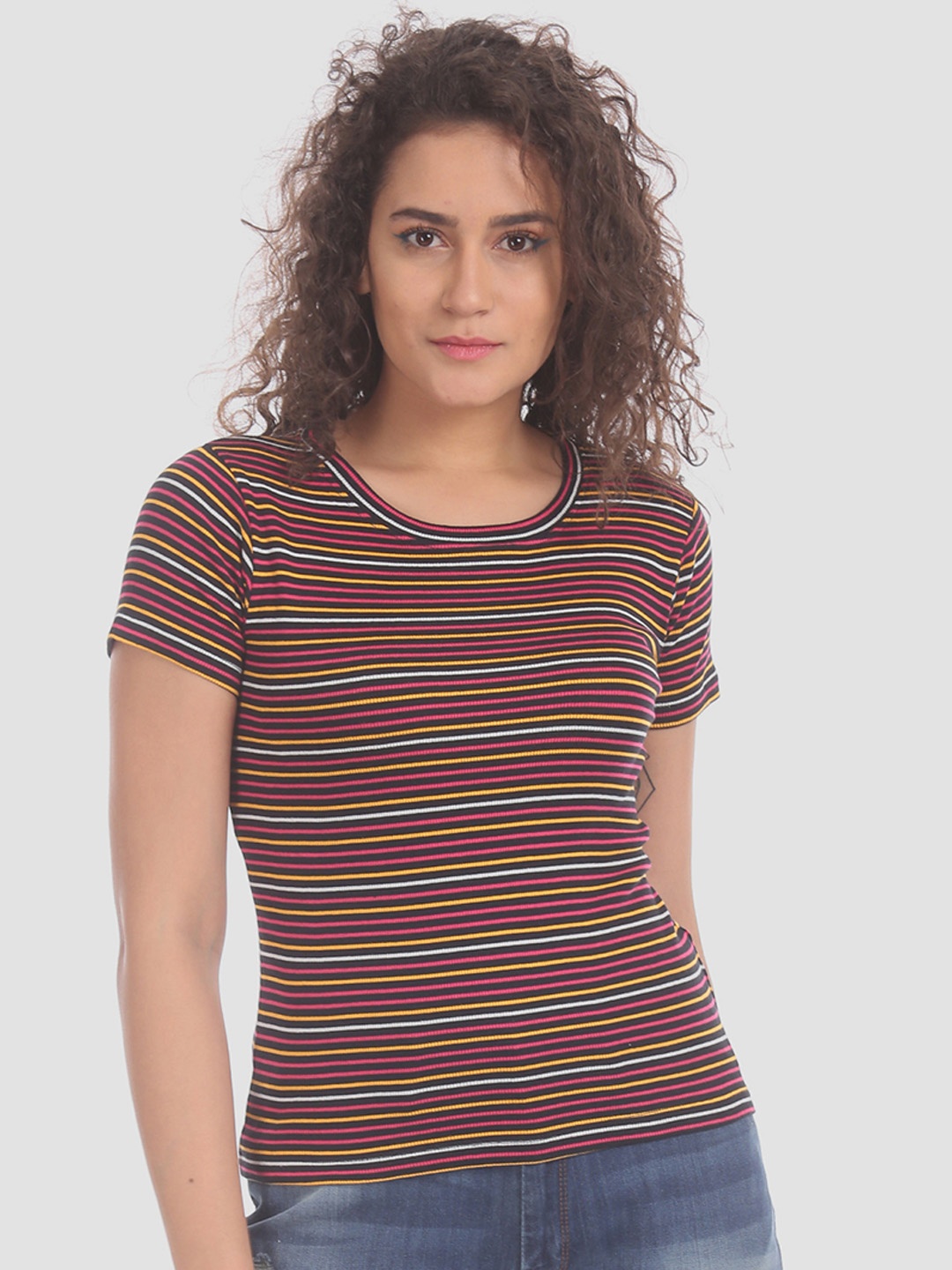 

Sugr Women Multicoloured Striped Round Neck T-shirt, Multi