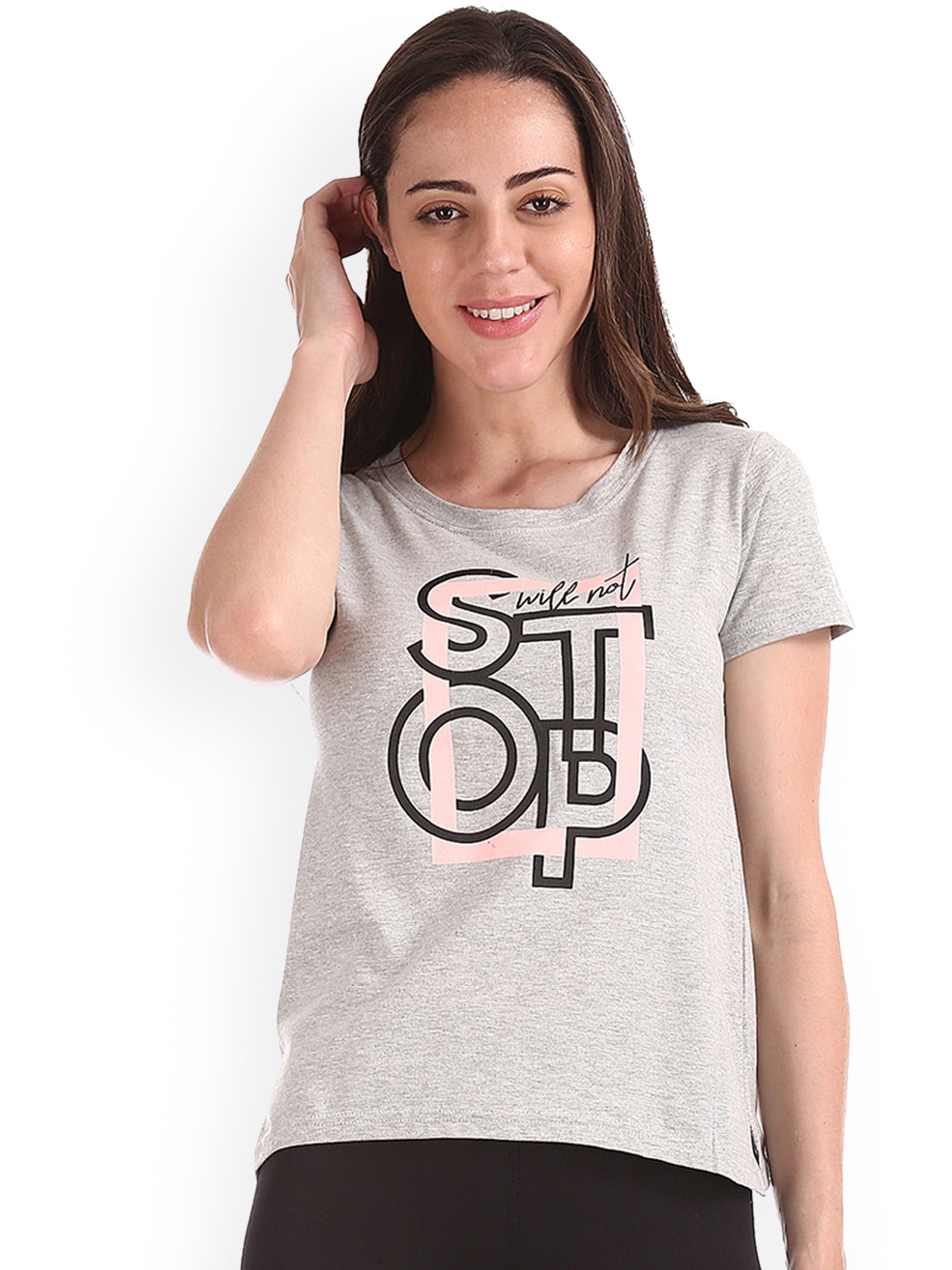 

Sugr Women Grey Printed Round Neck T-shirt