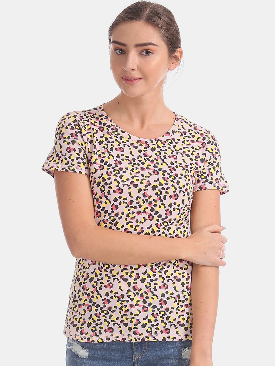 

Sugr Women Pink Animal Printed Round Neck Pure Cotton T-shirt