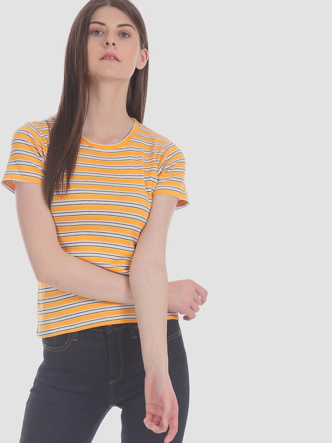 

Sugr Women Yellow & White Striped Round Neck T-shirt