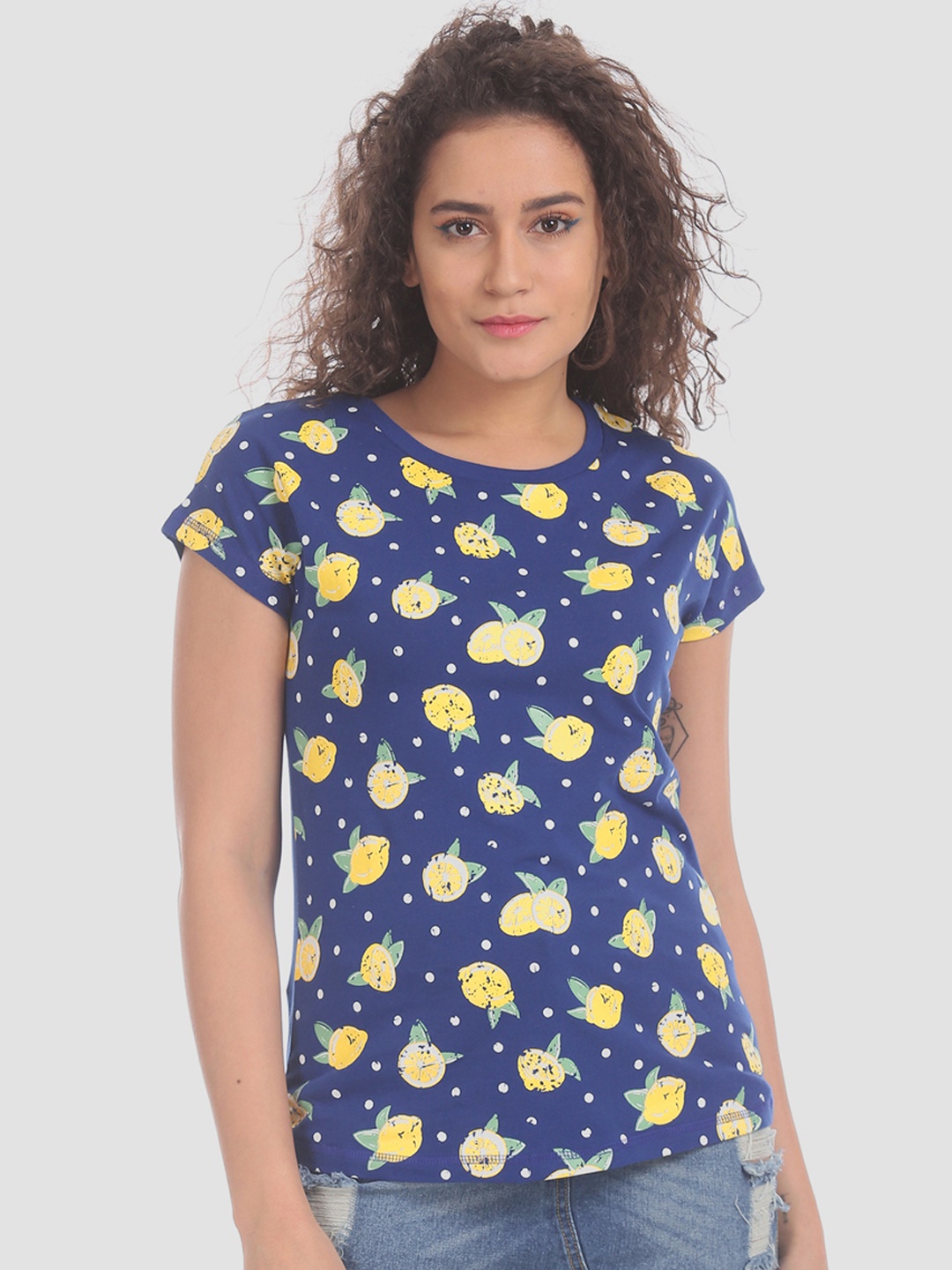

Sugr Women Blue & Yellow Printed Round Neck T-shirt