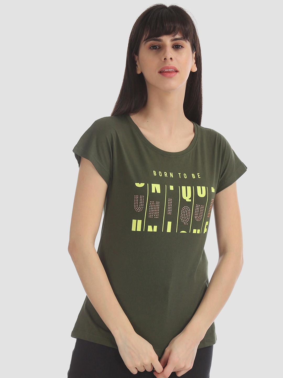 

Sugr Women Green Printed Round Neck Pure Cotton T-shirt