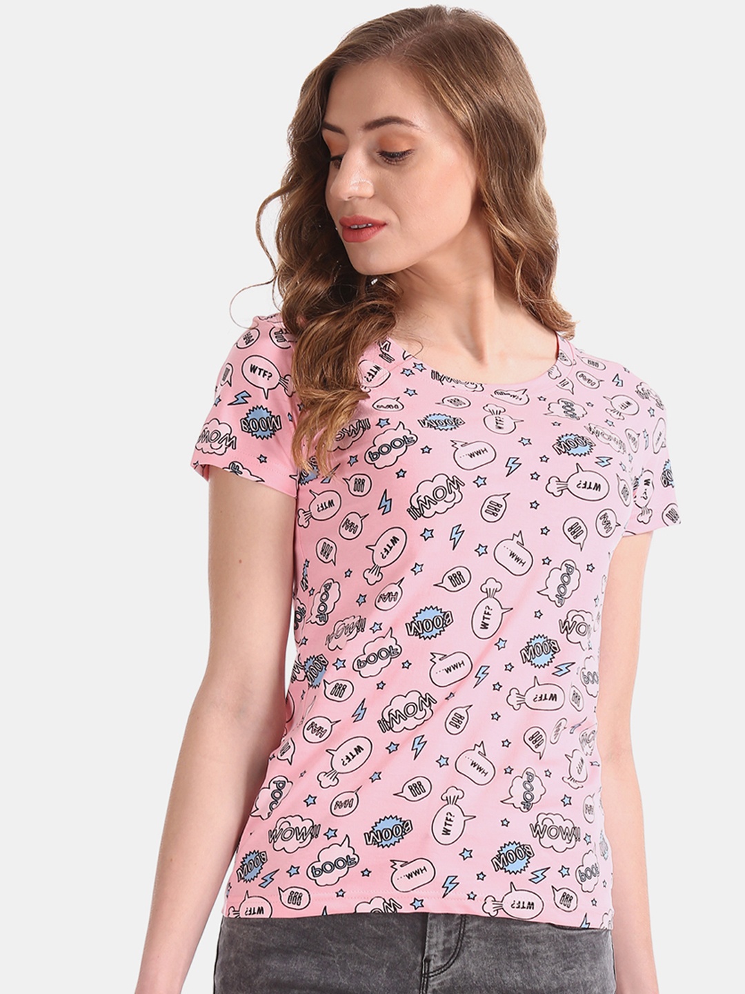 

Sugr Women Pink Black Printed Round Neck Pure Cotton T-shirt