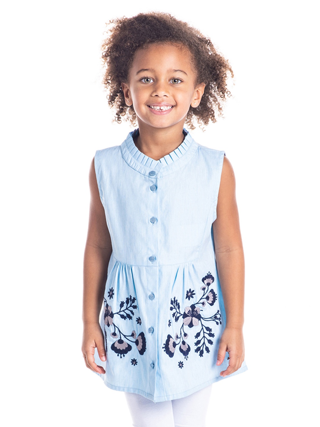 

Cherry Crumble Girls Blue Solid Longline A-Line Cotton Top