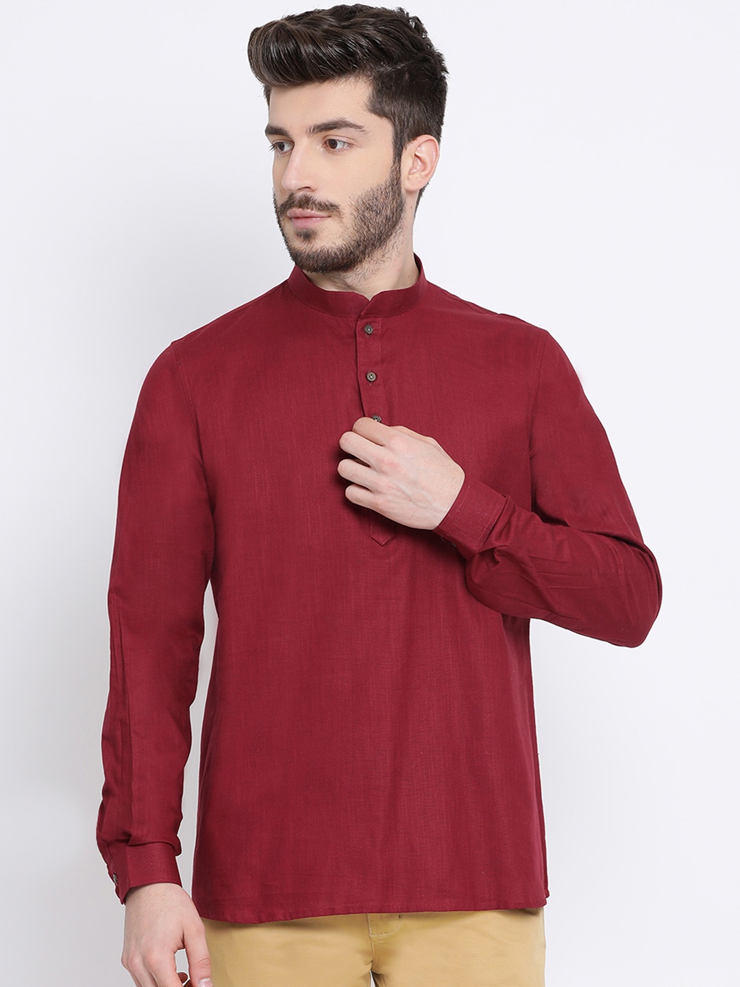 

NAMASKAR Men Maroon Cotton Solid Straight Kurta