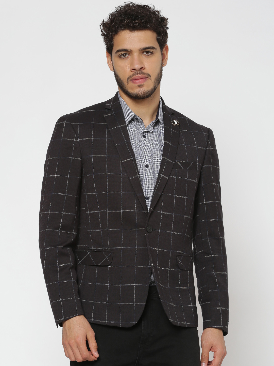 

Jack & Jones Men Black & White Checked Slim Fit Single-Breasted Linen Blazer