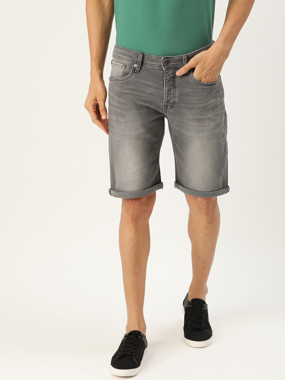 

Jack & Jones Men Charcoal Grey Washed Regular Fit Denim Shorts