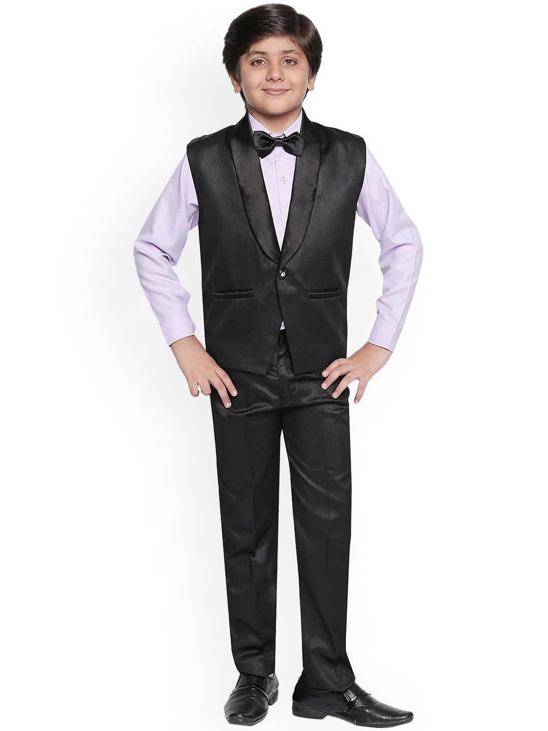 

Jeetethnics Boys Black & Lavender Solid Tuxedo Party Suit