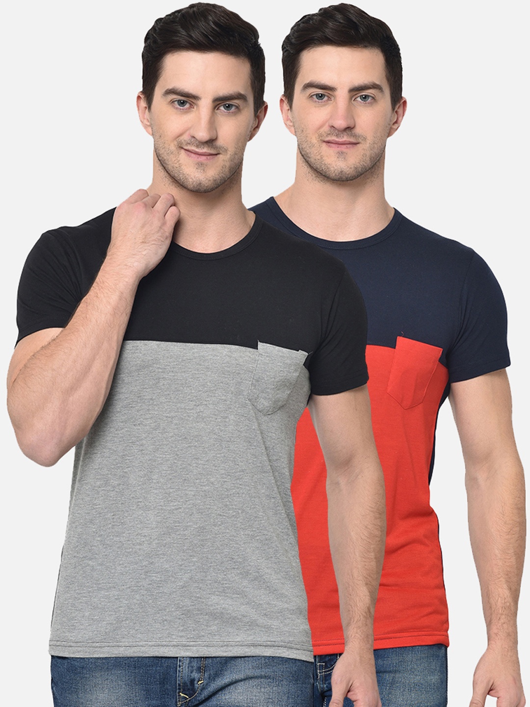 

VIMAL JONNEY Men Pack of 2 Colourblocked Round Neck T-shirts, Grey