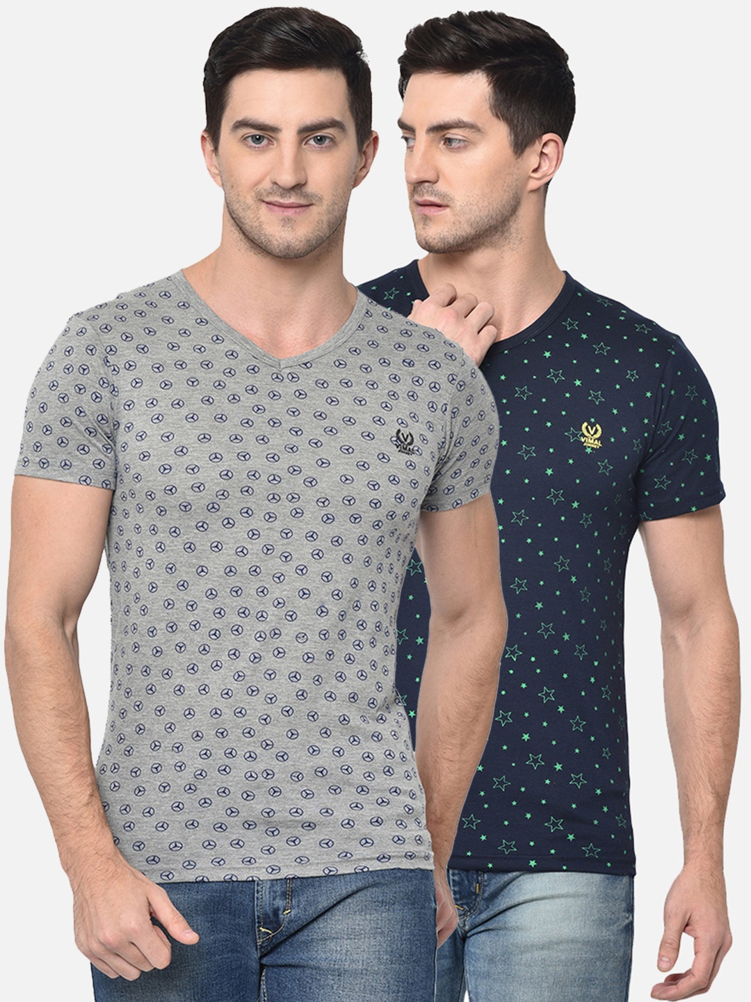 

VIMAL JONNEY Men Pack of 2 Printed V-Neck T-shirts, Grey