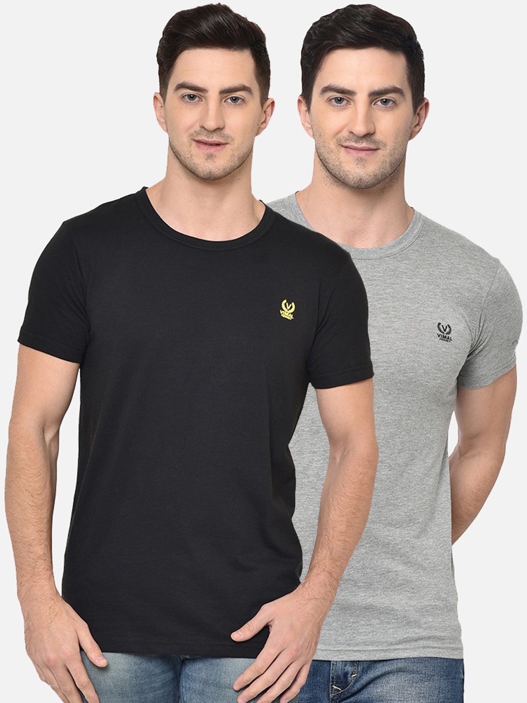 

VIMAL JONNEY Men Pack of 2 Solid Round Neck T-shirt, Black