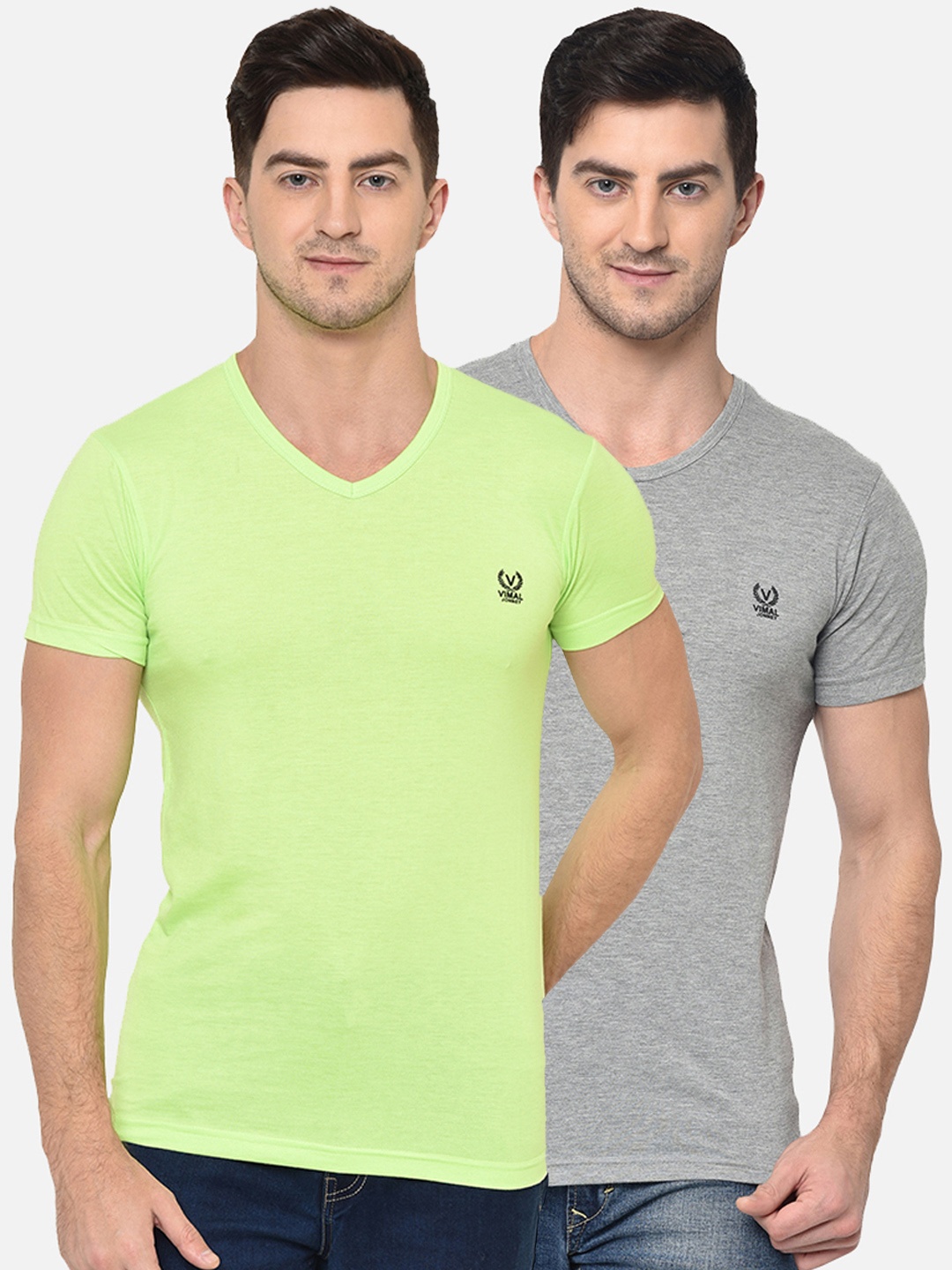 

VIMAL JONNEY Men Pack of 2 Solid V-Neck T-shirt, Fluorescent green