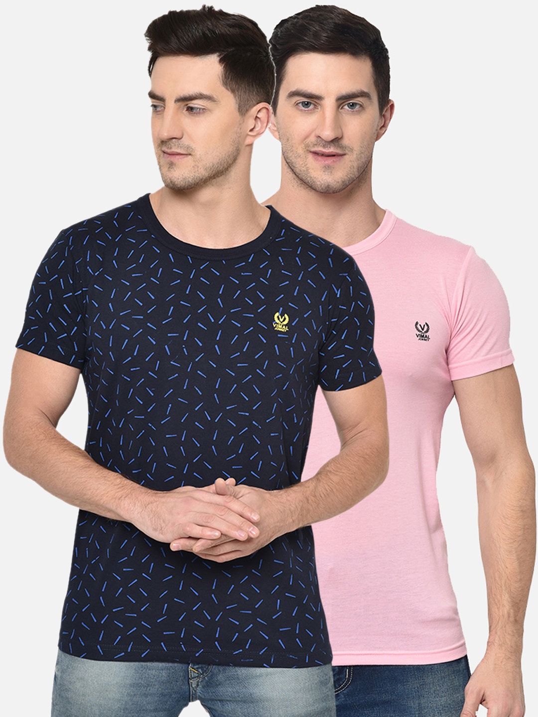 

VIMAL JONNEY Men Navy Blue & Pink Printed Round Neck T-shirt