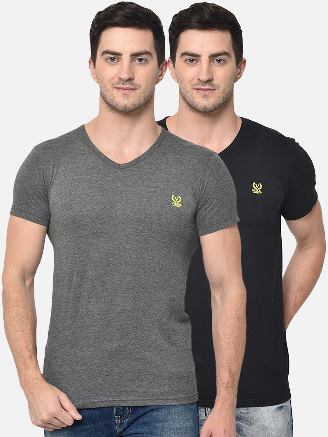 

MACK JONNEY Men Pack Of 2 Grey & Black Solid V-Neck T-shirt