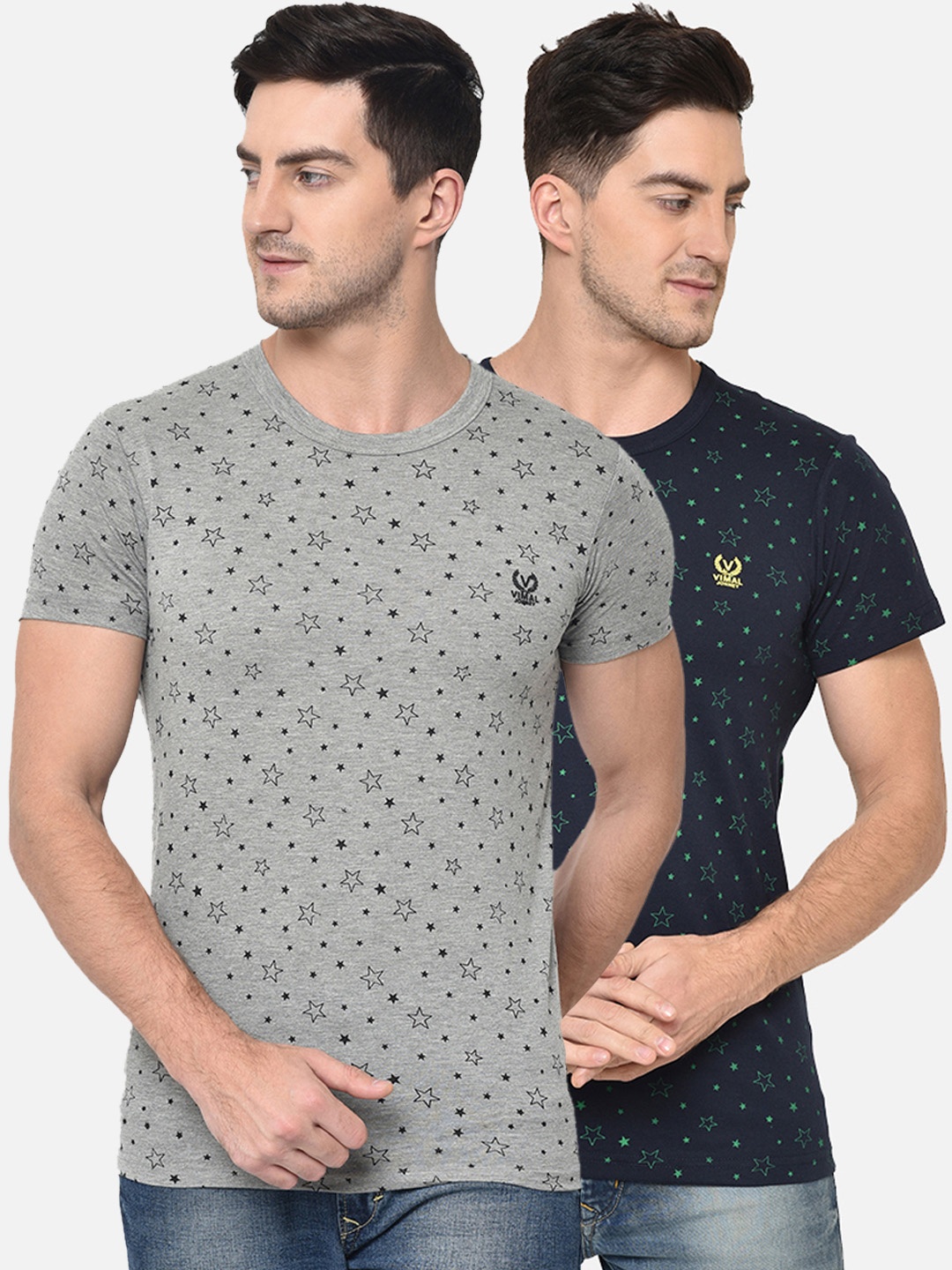 

VIMAL JONNEY Men Pack of 2 Printed Round Neck T-shirts, Grey