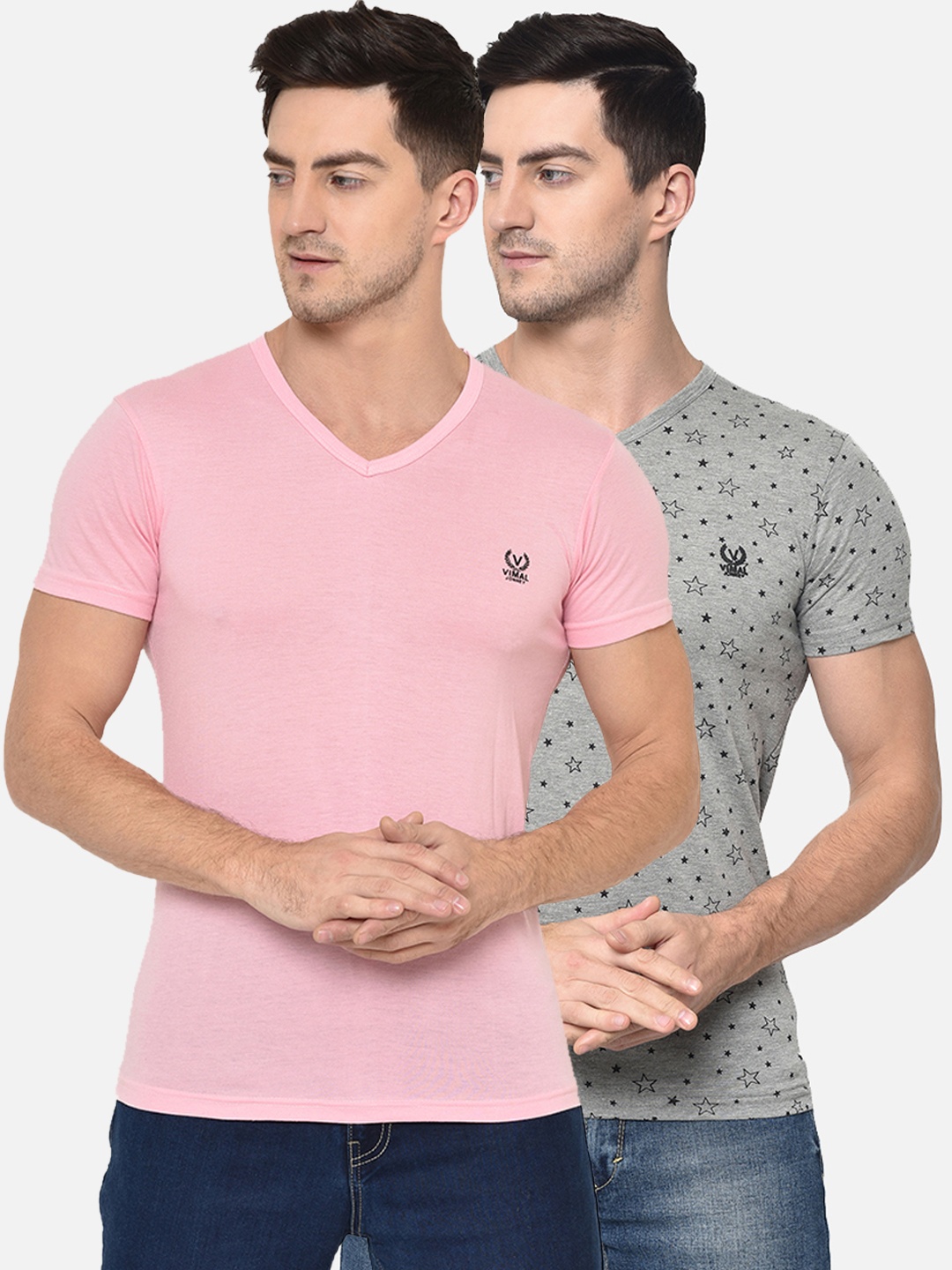 

VIMAL JONNEY Men Pack of 2 Grey & Pink Printed Round Neck T-shirt