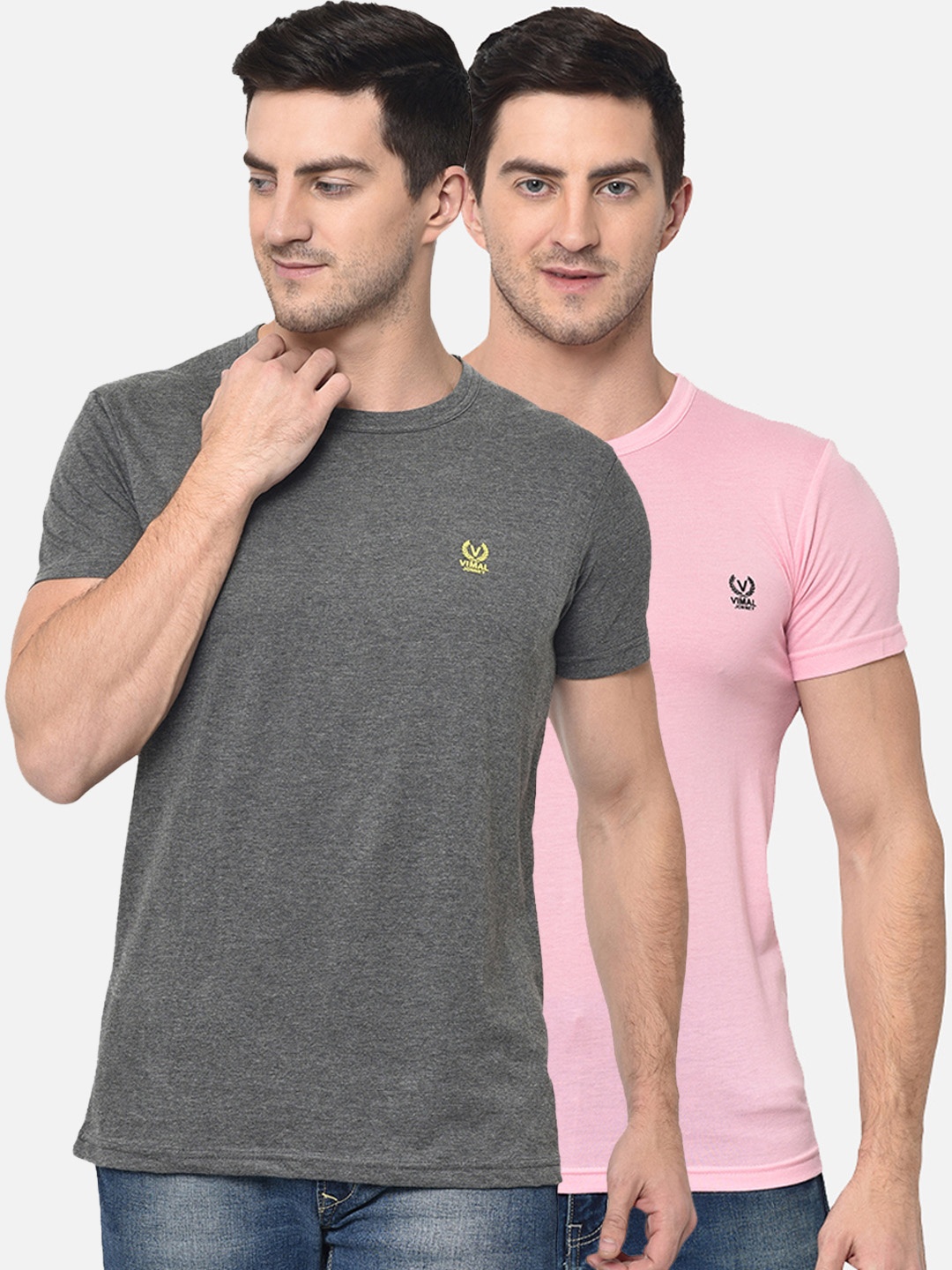 

VIMAL JONNEY Men Pack of 2 Solid Round Neck T-shirts, Grey