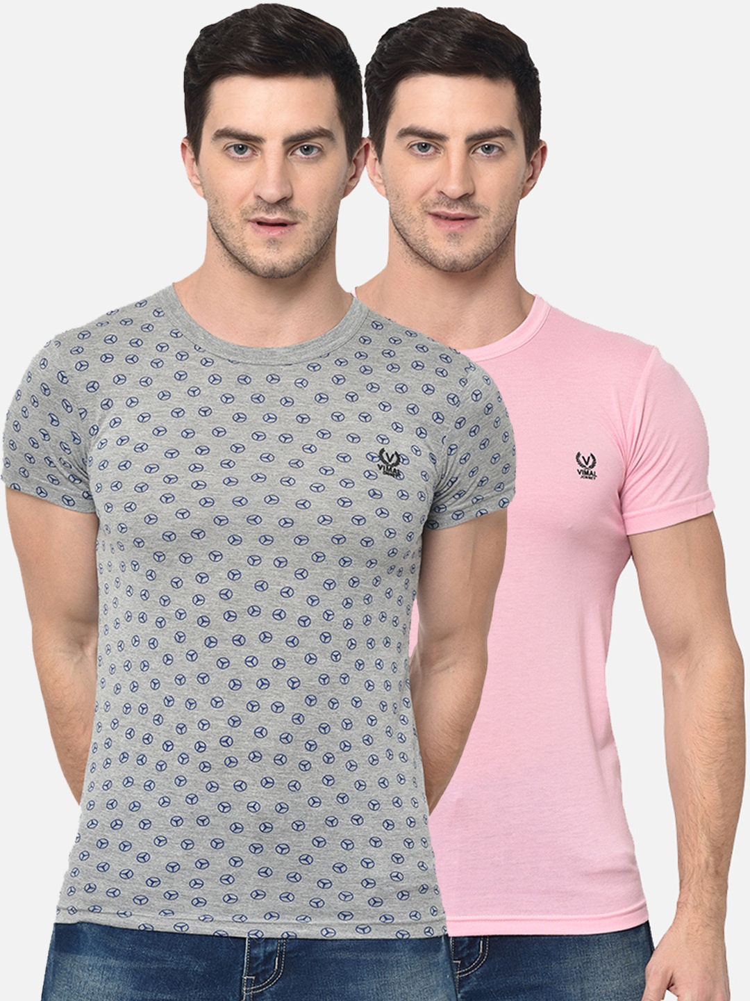 

VIMAL JONNEY Men Pack of 2 Printed Round Neck T-shirts, Grey