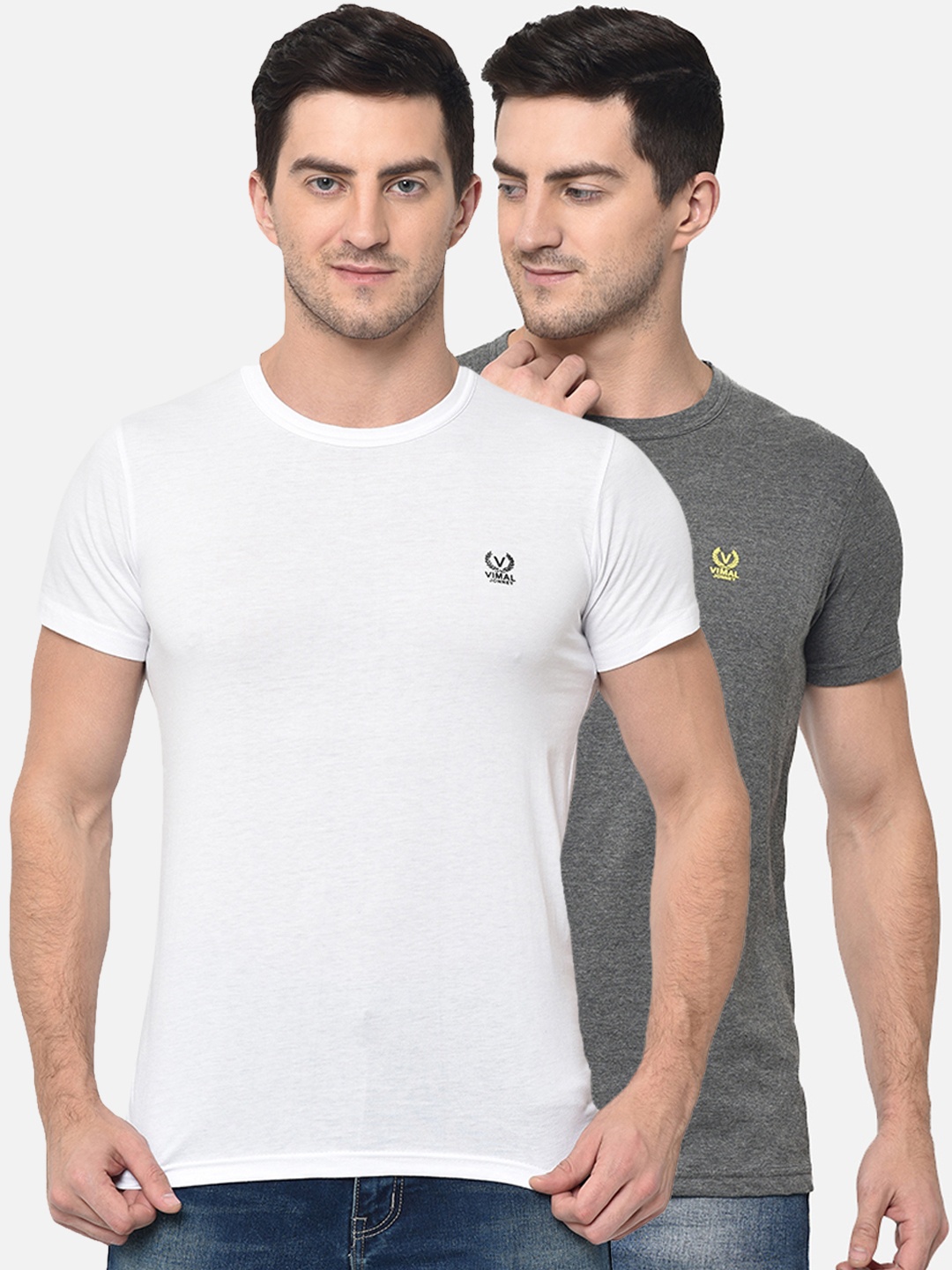 

VIMAL JONNEY Men Pack Of 2 Solid Round Neck T-shirts, White