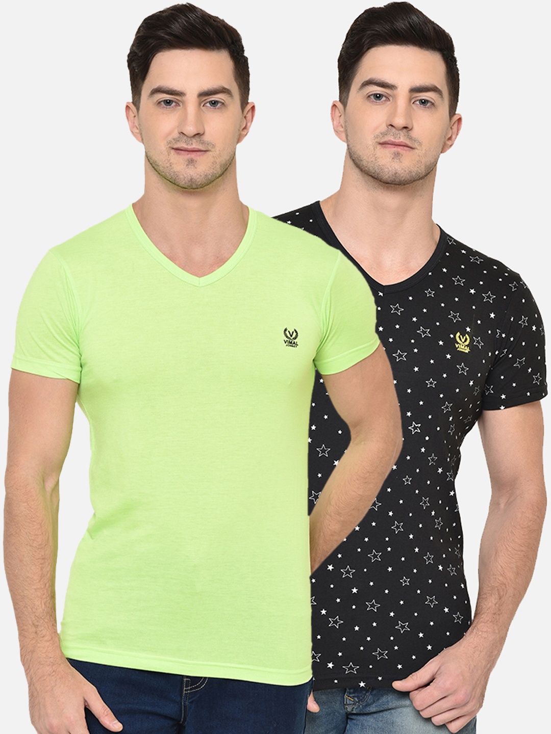 

MACK JONNEY Men Pack Of 2 Green & Black Solid V-Neck T-shirt