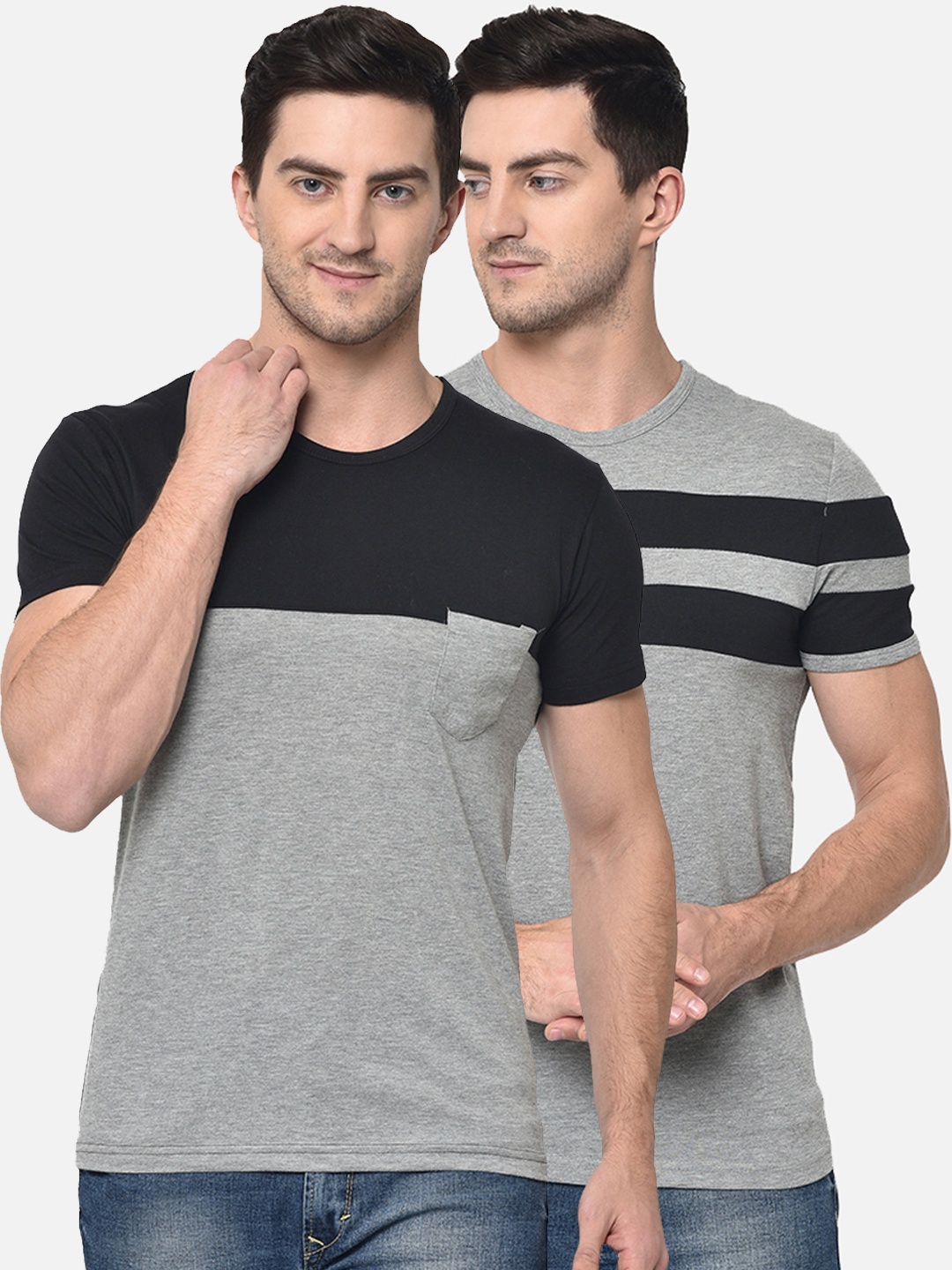 

MACK JONNEY Men Pack of 2 Colourblocked Round Neck T-shirts, Grey