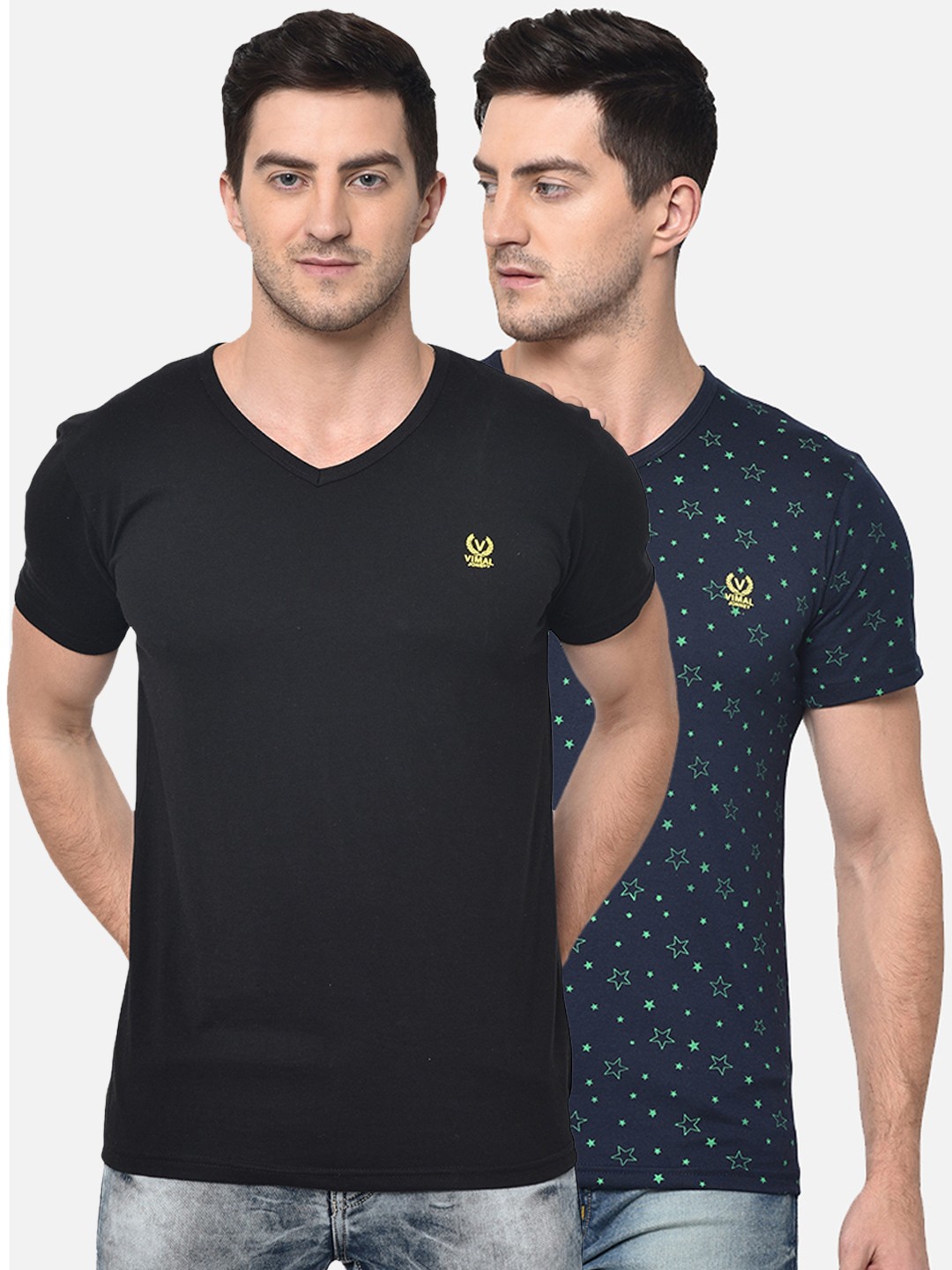 

MACK JONNEY Men Pack Of 2 Black & Navy Blue Printed V-Neck T-shirt