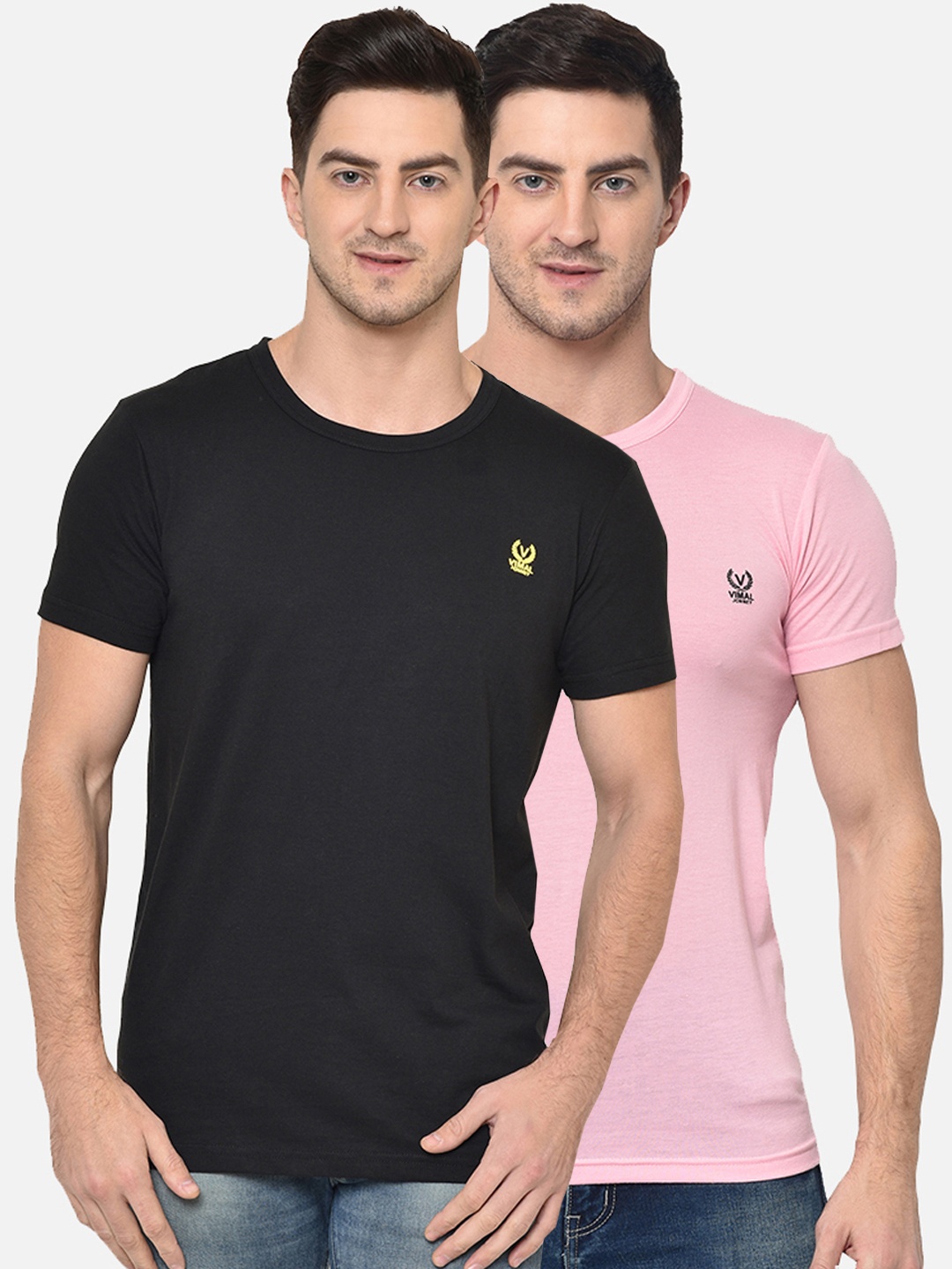 

VIMAL JONNEY Men Pack Of 2 Black & Pink Solid Round Neck T-shirt