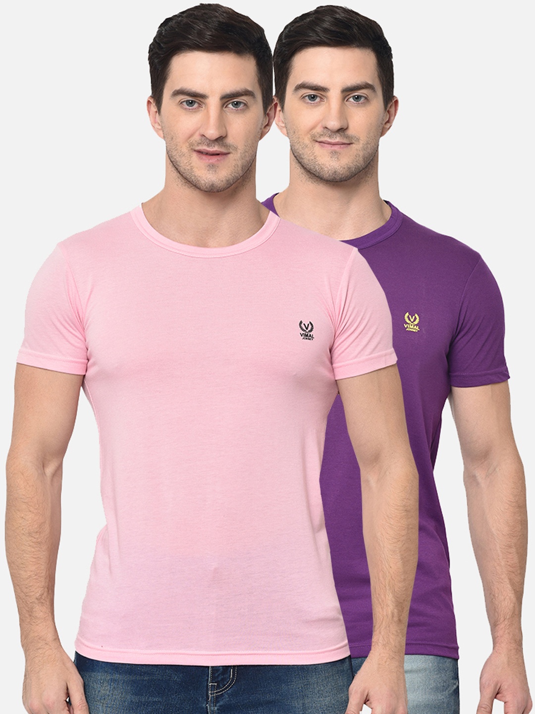 

VIMAL JONNEY Men Pack Of 2 Pink & Purple Solid Round Neck T-shirt