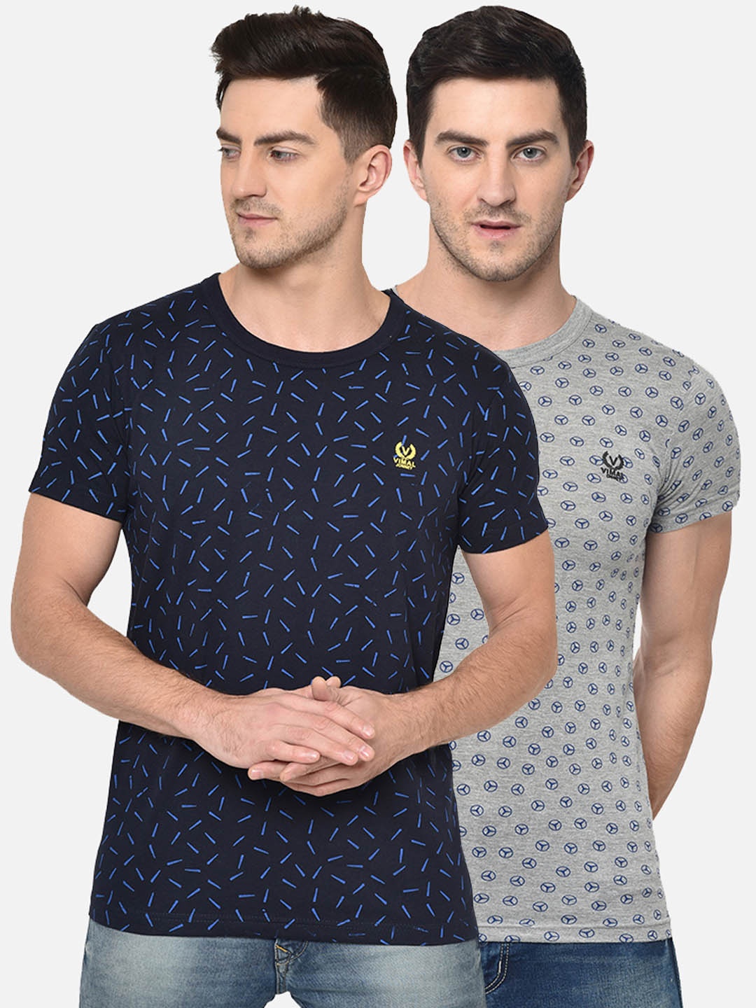 

VIMAL JONNEY Men Pack of 2 Printed Round Neck T-shirts, Blue