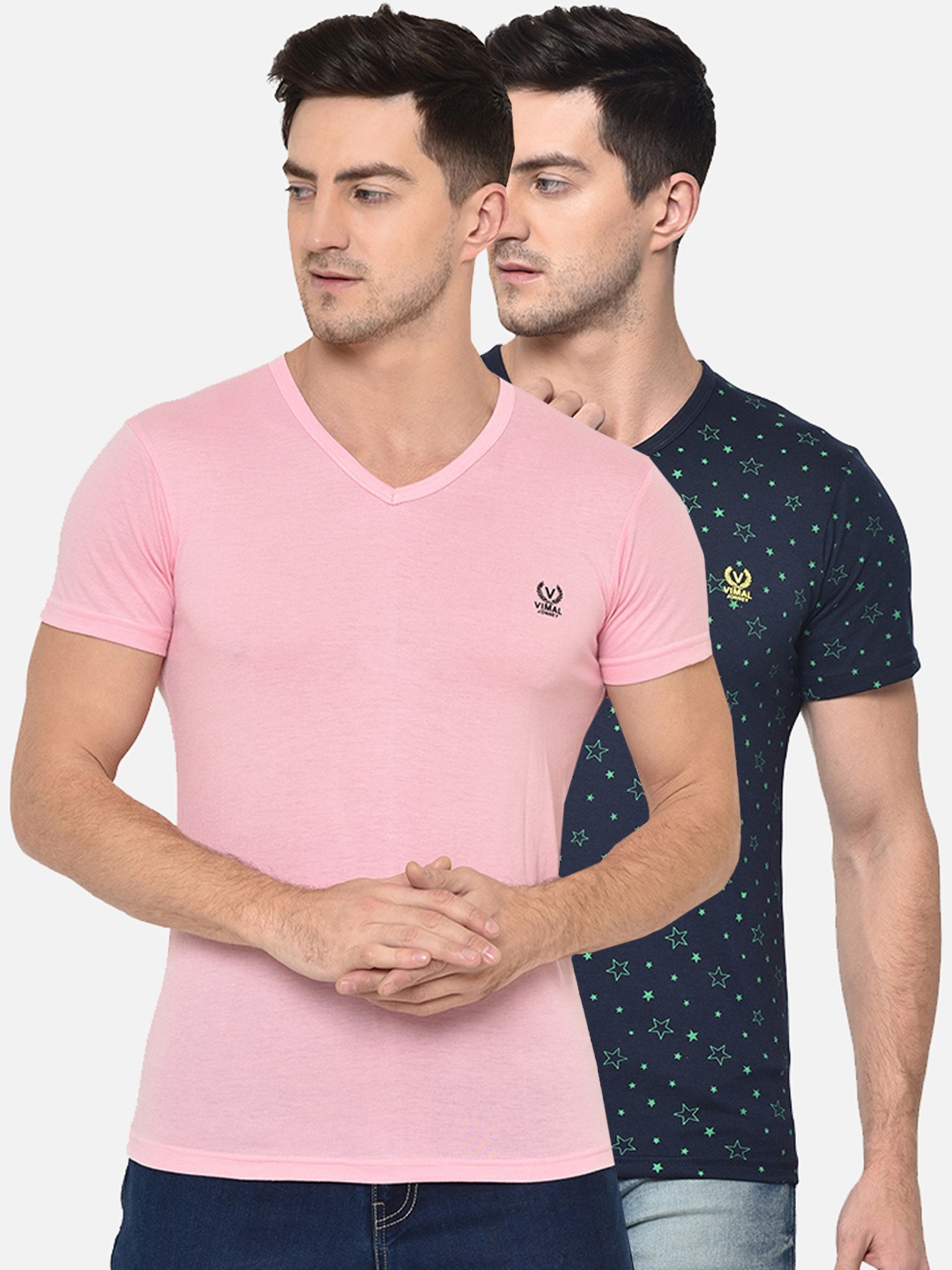 

VIMAL JONNEY Men Pack Of 2 Pink & Navy Blue Solid Hood T-shirt