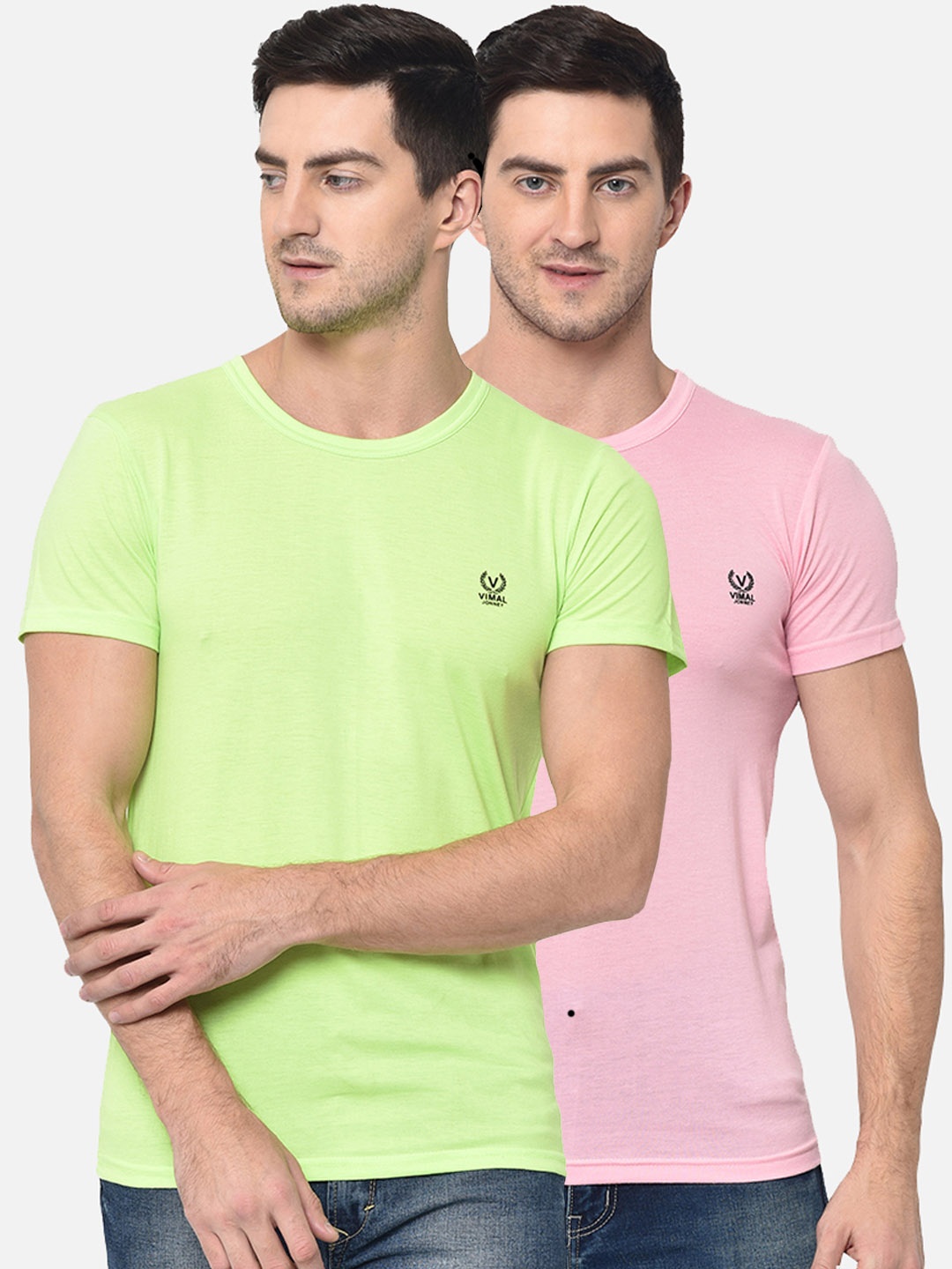 

VIMAL JONNEY Men Pack of 2 Lime Green & Pink Solid Round Neck T-shirt