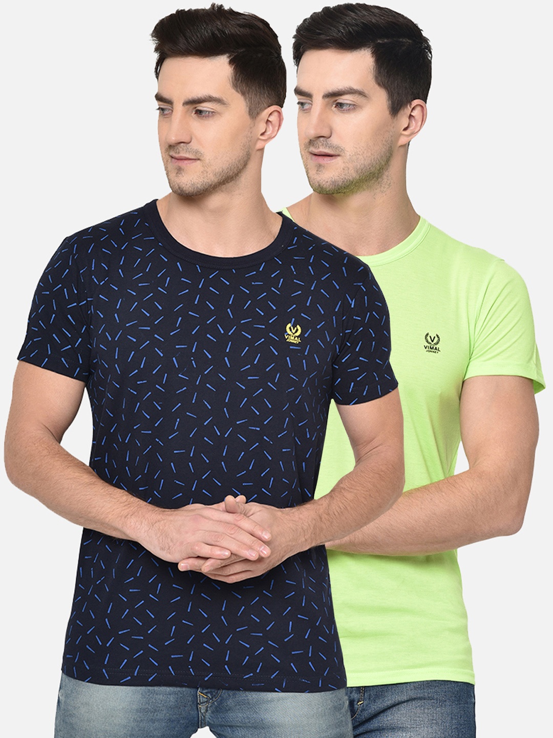 

VIMAL JONNEY Men Pack Of 2 Navy Blue & Green Printed Round Neck T-shirt