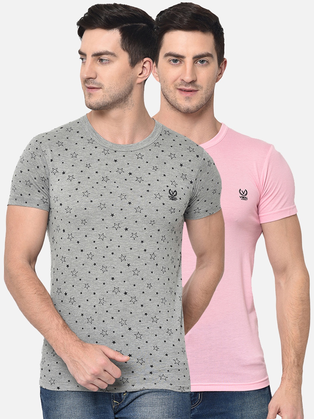 

VIMAL JONNEY Men Pack Of 2 Grey & Pink Printed Round Neck T-shirt