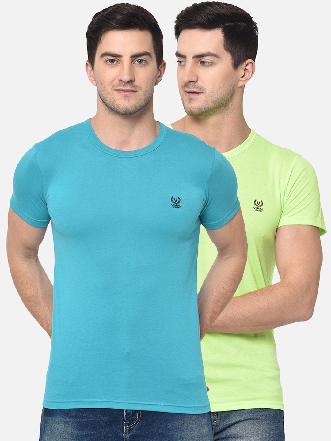 

VIMAL JONNEY Men Pack of 2 Blue & Lime Green Solid Round Neck T-shirt