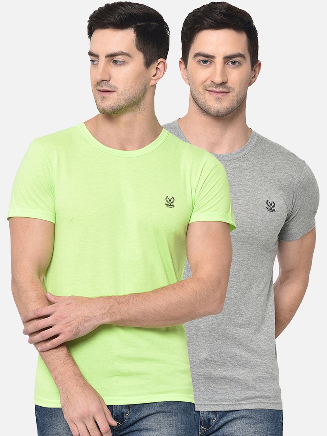 

VIMAL JONNEY Men Pack of 2 Solid Round Neck T-shirts, Green