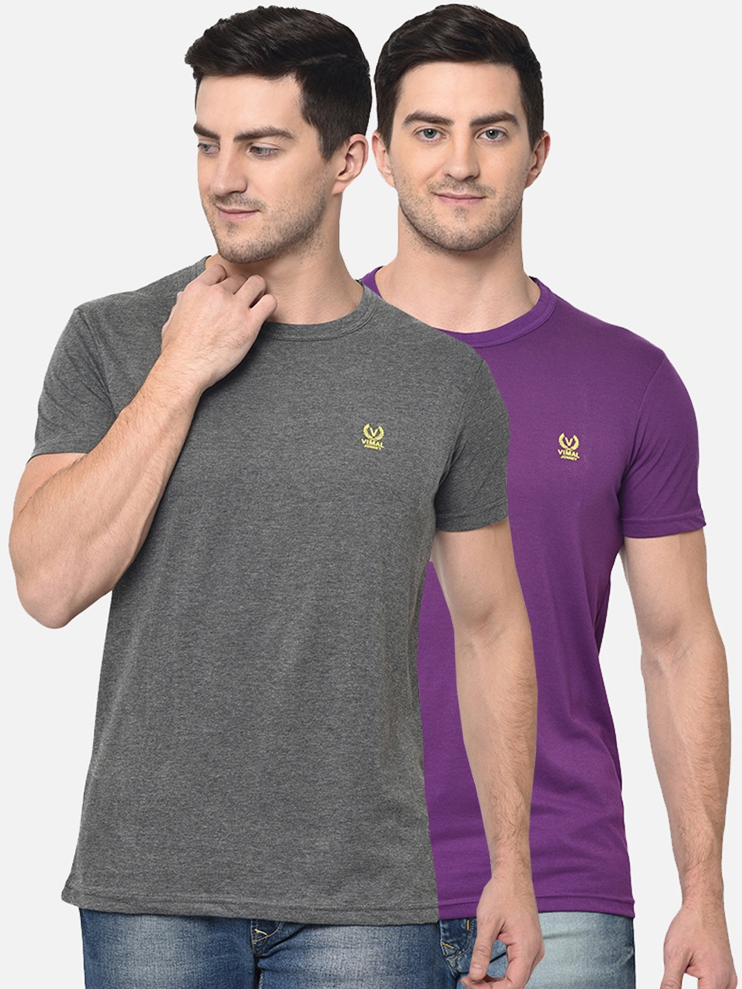 

VIMAL JONNEY Men Pack Of 2 Solid Round Neck T-shirts, Purple