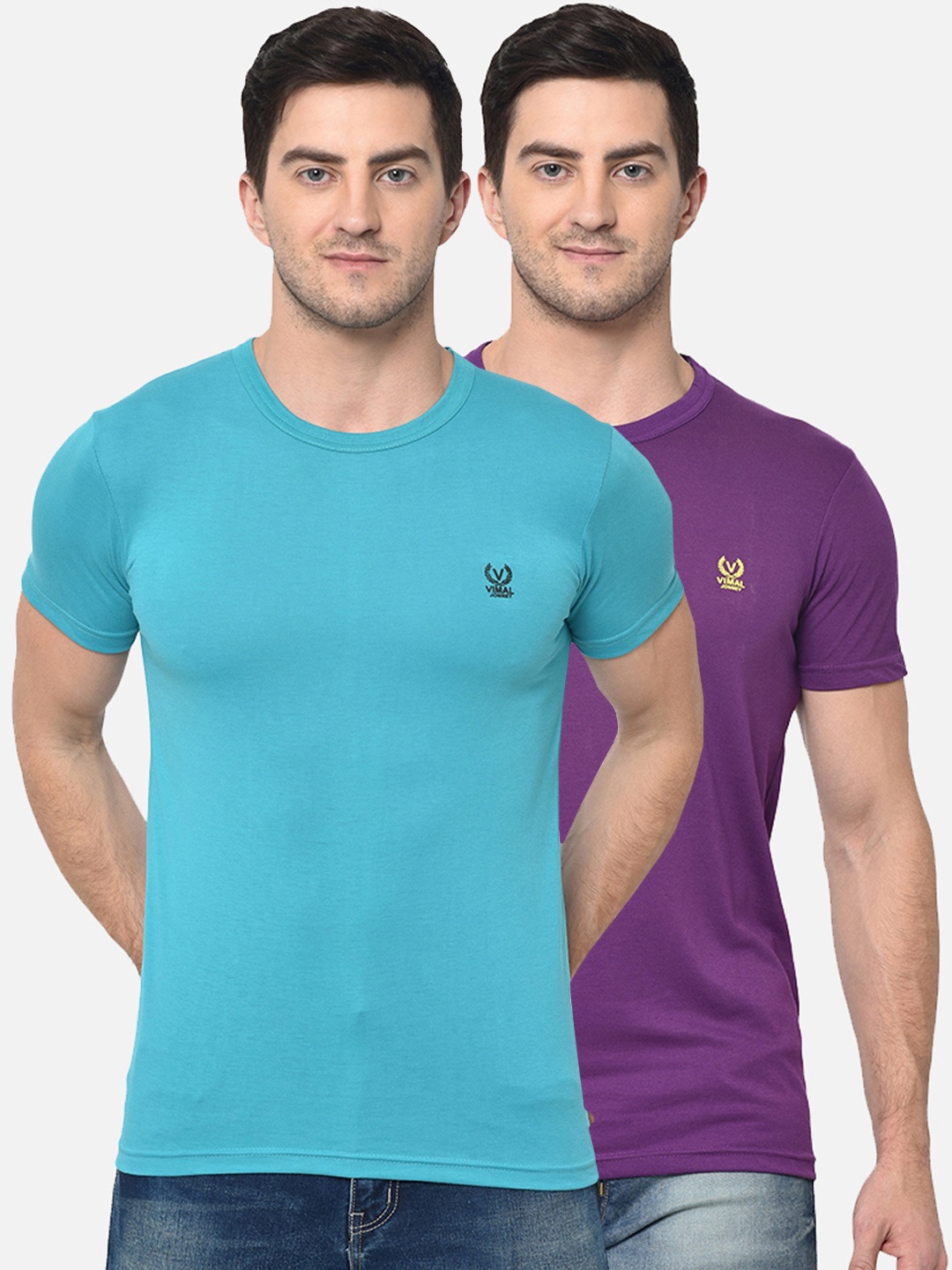 

MACK JONNEY Men Pack Of 2 Blue & Purple Solid Round Neck T-shirt