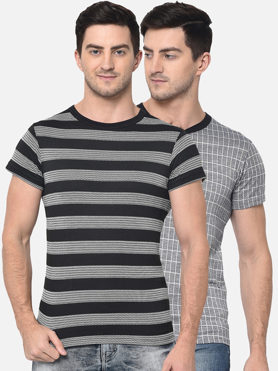 

VIMAL JONNEY Men Pack of 2 Grey Striped Round Neck T-shirts