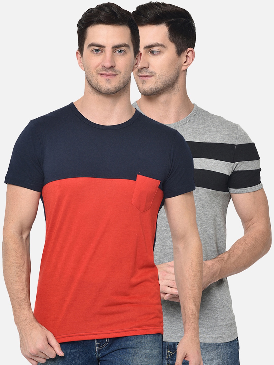 

VIMAL JONNEY Men Pack of 2 Colourblocked Round Neck T-shirts, Orange